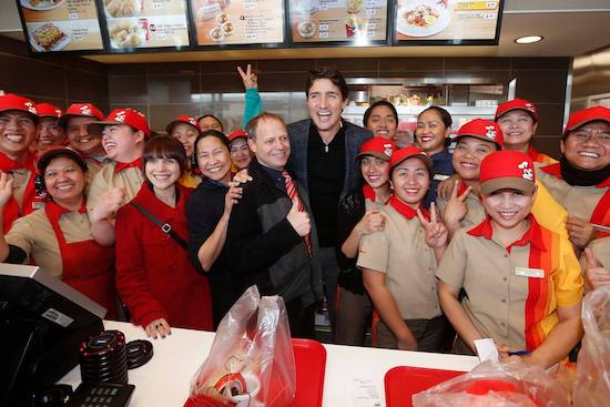 Prime Minister Justin Trudeau visits the new Jollibee outlet in Ellice, Winnipeg
