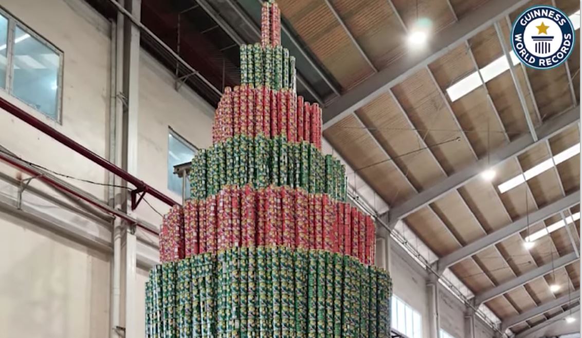 Christmas tree tower of sandine cans