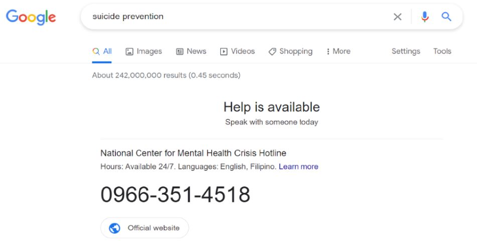 Google Search suicide prevention hotline